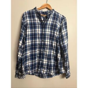 Lands' End Multicolor Plaid Ruffled Neck Long Sleeve Button Up Shirt Size Large